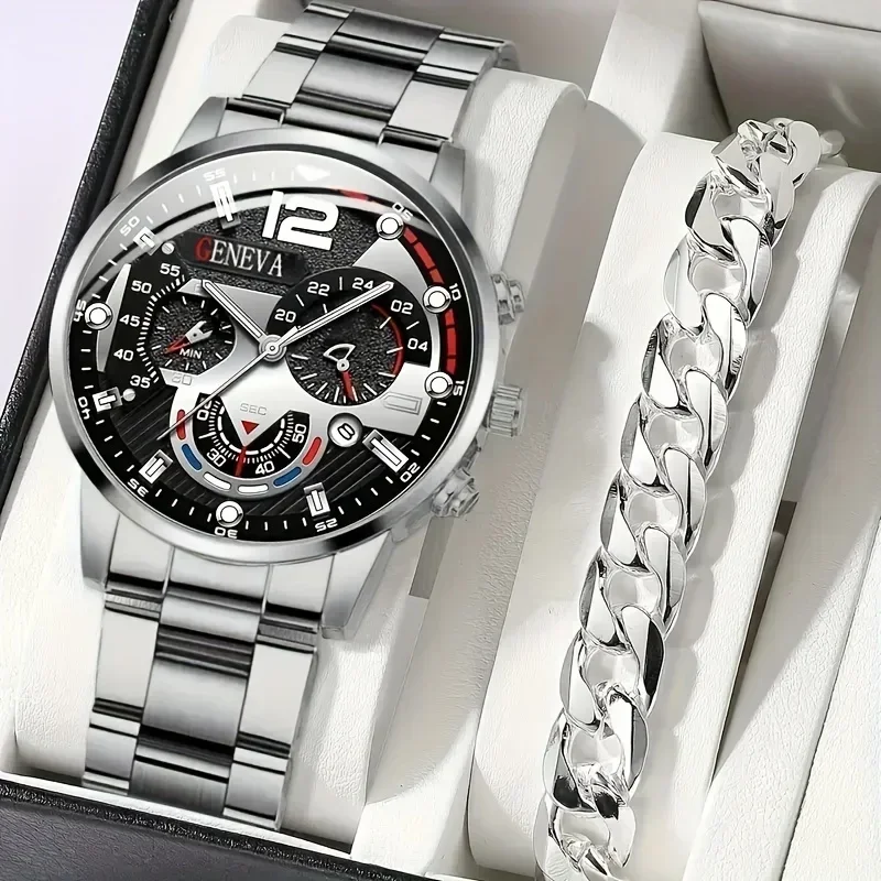 Men Accessories Elegant - 2pcs Stylish Round Face Quartz Watch
